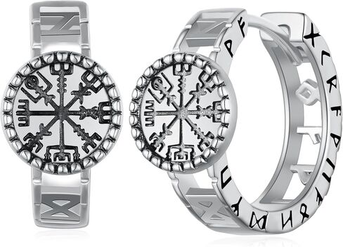 Viking Earrings Men 925 Sterling Silver Men Hoop Earrings Odin Earrings Compass Earrings Norse Viking Jewelry Gifts for Men Women in Saudi Arabia