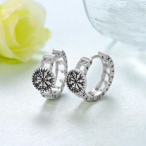 Viking Earrings Men 925 Sterling Silver Men Hoop Earrings Odin Earrings Compass Earrings Norse Viking Jewelry Gifts for Men Women in Saudi Arabia