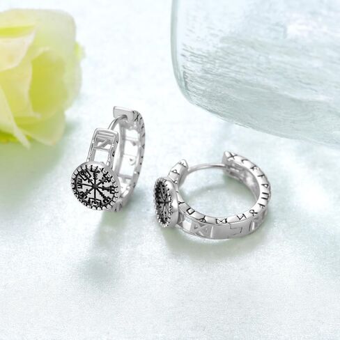Viking Earrings Men 925 Sterling Silver Men Hoop Earrings Odin Earrings Compass Earrings Norse Viking Jewelry Gifts for Men Women in Saudi Arabia