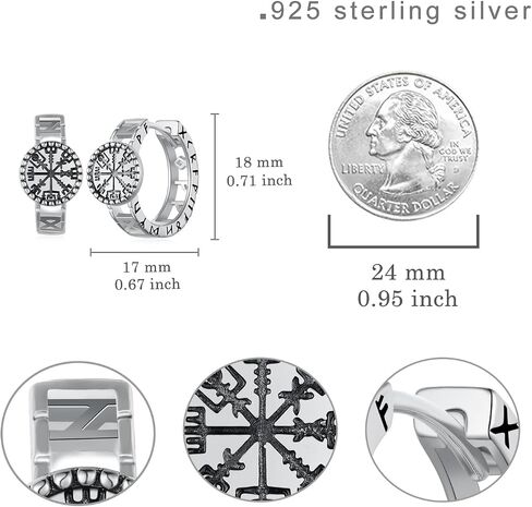 Viking Earrings Men 925 Sterling Silver Men Hoop Earrings Odin Earrings Compass Earrings Norse Viking Jewelry Gifts for Men Women in Saudi Arabia