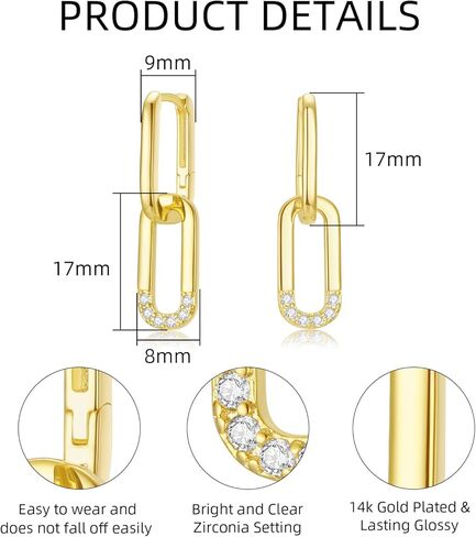 Gold Chain Earrings 925 Sterling Silver Post Chain Link Earrings Paperclip earrings 18K gold plated Drop Dangle Paper clip earrings Gift for Women in Kuwait