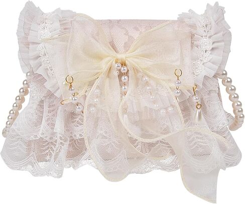 QZUnique Lolita Shoulder Bag Handmade Crossbody Tote Bags with Lace Bow Handbags for Women Girl Purse with Pearl Straps in Kuwait