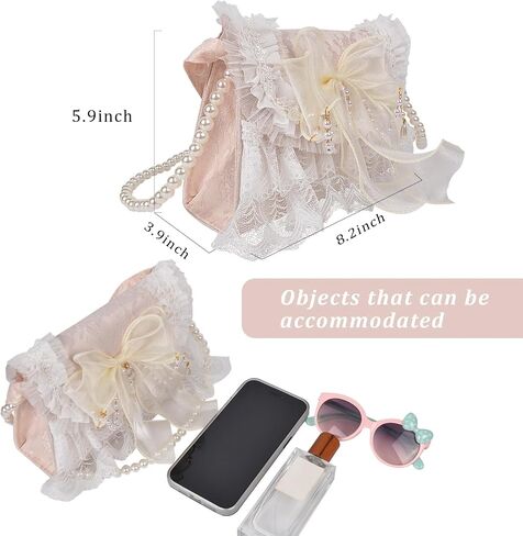 QZUnique Lolita Shoulder Bag Handmade Crossbody Tote Bags with Lace Bow Handbags for Women Girl Purse with Pearl Straps in Kuwait