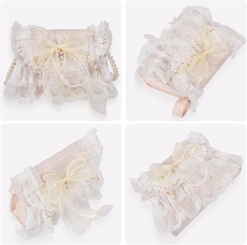 QZUnique Lolita Shoulder Bag Handmade Crossbody Tote Bags with Lace Bow Handbags for Women Girl Purse with Pearl Straps in Kuwait