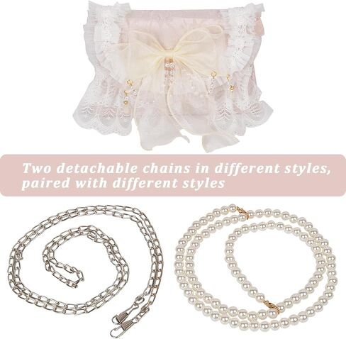 QZUnique Lolita Shoulder Bag Handmade Crossbody Tote Bags with Lace Bow Handbags for Women Girl Purse with Pearl Straps in Kuwait