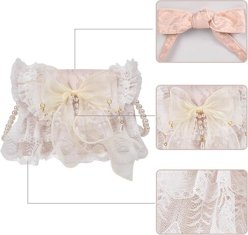 QZUnique Lolita Shoulder Bag Handmade Crossbody Tote Bags with Lace Bow Handbags for Women Girl Purse with Pearl Straps in Kuwait