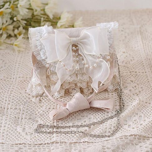 QZUnique Lolita Shoulder Bag Handmade Crossbody Tote Bags with Lace Bow Handbags for Women Girl Purse with Pearl Straps in Kuwait