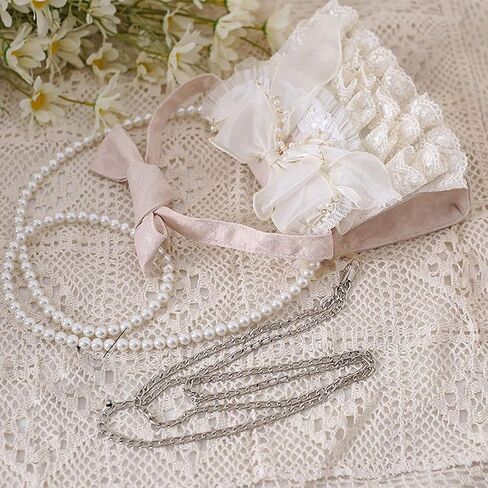 QZUnique Lolita Shoulder Bag Handmade Crossbody Tote Bags with Lace Bow Handbags for Women Girl Purse with Pearl Straps in Kuwait
