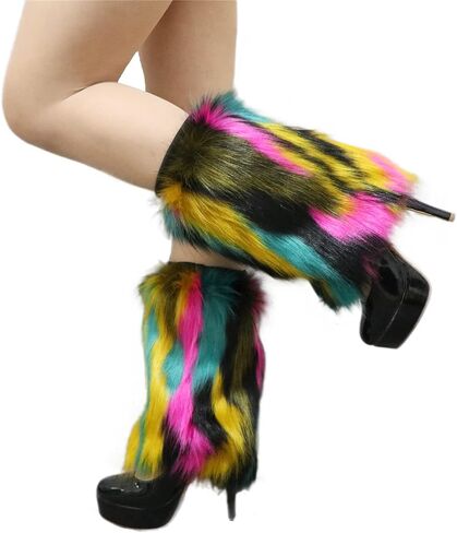 Tie Dye Women Furry Leg Warmers Faux Fur Boot Covers Fluffies Cuffs, 9.8" Tall in Kuwait