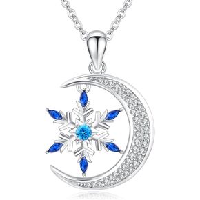 Snowflake Necklace for Women 925 Sterling Silver Cubic Zirconia Moon/Heart Snowflake Pendant Necklace Snowflake Jewelry Christmas Graduation Gifts for Mom Women