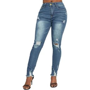 SheKiss Boyfriend Stretchy Jeans for Women - Distressed Frayed High Waisted Trendy Denim Blue Jeans