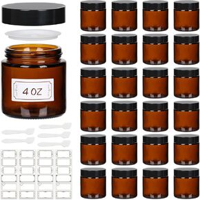 15 عبوة من برطمانات زجاجية كهرمانية بأغطية سعة 118 مل، حاويات فارغة مستديرة للمقشرات واللوشن ومستحضرات التجميل والمراهم والزبدة، وعاء تخزين للسفر مع بطانات داخلية بيضاء £¬أغطية سوداء وملصقات وملاعق in Kuwait