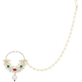 I Jewels خاتم أنف زفاف هندي تقليدي مطلي بالذهب من بوليوود / ناث بدون ثقب مع سلسلة لؤلؤ مغطاة بحجر اللؤلؤ للنساء/الفتيات (NL62-70,71,72)
