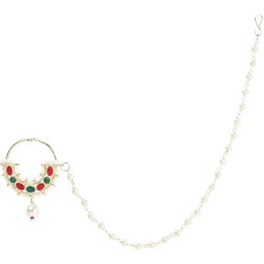 I Jewels Indian Wedding Bollywood Gold Plated Traditional Ethnic Bridal Nose Ring/Nath Without Piercing with Pearl Chain Encased with Pearl Stone for Women/Girls (NL62-70,71,72)
