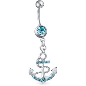 Nautical Tropical Beach Dangle Green Blue Crystal Palm Tree Bar Navel Belly Ring for Women 316L Stainless Steel 14 Gauge