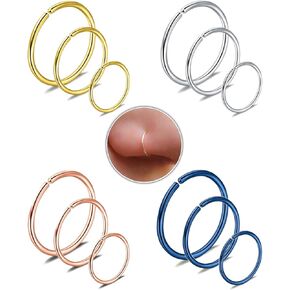 12 Pcs 20G Fake Nose Rings, Stainless Steel Inlaid Fake Nose Ring Clip On Non Piercing Lip Ring Set Faux Piercing Jewelry Fake Earrings Hoop Septum Rings for Women Men 6/8/10mm Gold/Silver