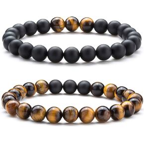 Hamoery Men Women 8mm Tiger Eye Stone Beads Bracelet Elastic Natural Stone Yoga Bracelet Bangle