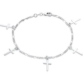 Dainty Traditional Christian Religious 5 Multi Dangling Cross Charm Bracelet For Teen Women Figaro Chain Polished .925 Sterling Silver 7 Inch Wrist