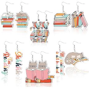 6 Pairs Cat Bookcase Book Earrings for Women Acrylic Teacher Earrings Library Funny Earrings for Book Lovers Gifts