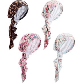 4 Pieces Chemo Headwear for Women Cancer Hats Pre Tied Chemo Caps Soft Cotton Elastic Head Scarf for Cancer Patients