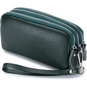Women Long Wallet Genuine Leather 3-Layer Zipper Purse Bag Phone Bag Money Purses Clutch Wallets with Wrist Strap (Blue)
