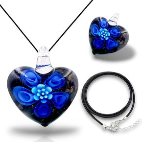Handmade Murano Inspired Blown Glass Lampwork Art Flower and Heart Necklace Pendant for Women Handcrafted Artisan Hypoallergenic Italian Style Jewelry