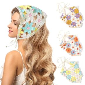 VIOKKO Floral Crochet Hair Bandanas Headscarf - 3PCS Knitted Hair Scarves Crochet Hair Kerchief Strawberry Cherry Headband Tie Back Headwrap for Women Girls