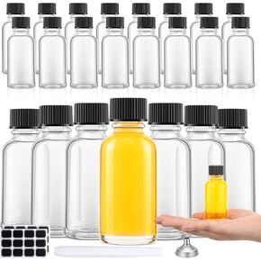 Hsei 24 Pcs 1 oz Glass Bottle with Black Cap Clear Sample Boston Round Bottle Small Glass Containers with Lids 1 oz Bottles with Funnel Chalk Labels Pen for Vanilla Extract Essential Oils (2 Sheet)