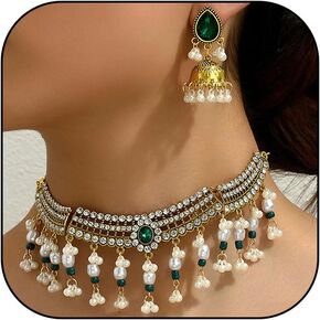 Aonklot Indian Jewelry Sets for Women Dainty Gold Jewelry Set Indian Necklace and Earring Set Indian Choker Necklace Set Wedding Guest Dresses for Women