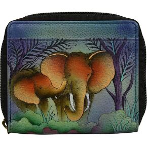 Anna by Anuschka Women's Hand-Painted Genuine Leather Zippered Organizer Wallet - Elephant Family