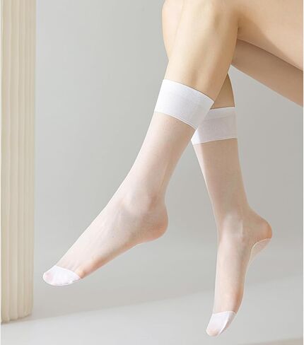 Mcool Mary Womens Nylon Sheer Socks Nude Crew Stocking Ultra Thin Cool See Through Calf High Silk Socks for Women 6Pack in Kuwait