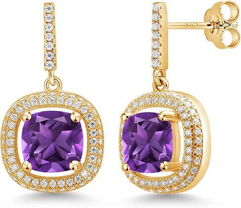 Gem Stone King 18K Yellow Gold Plated Silver 8MM Cushion Gemstone Birthstone and White Moissanite Drop Dangle Earrings For Women in Saudi Arabia