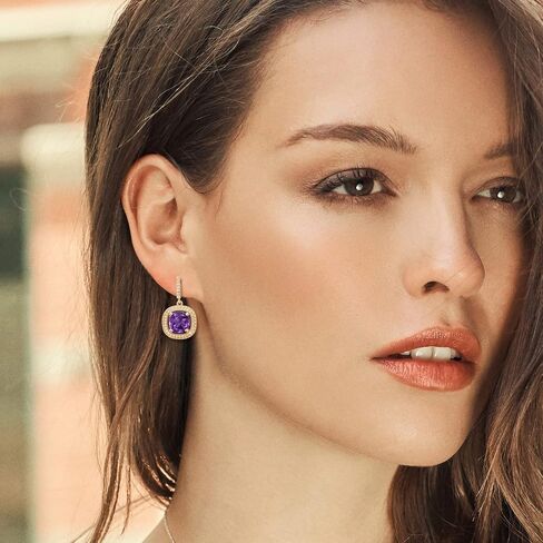 Gem Stone King 18K Yellow Gold Plated Silver 8MM Cushion Gemstone Birthstone and White Moissanite Drop Dangle Earrings For Women in Saudi Arabia