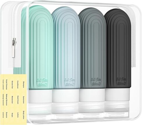 Morfone Travel Bottles for Toiletries, 4 Pack 3oz Travel Size Containers, Tsa Approved BPA Free Leak Proof Squeezable Silicone Bottle Travel Essentials Kits with Toiletry Bag for Shampoo Conditioner in Kuwait