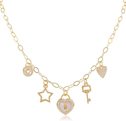 الذهب سحر قلادة للنساء مطلية بالذهب سلسلة قلادة قلادة مع لطيف تتدلى تشيكوسلوفاكيا الحب الحرارة قفل مفتاح نجمة البرسيم الصليب قلادة قابل للتعديل العصرية Y2K حزب المجوهرات هدية للمراهقين in Kuwait