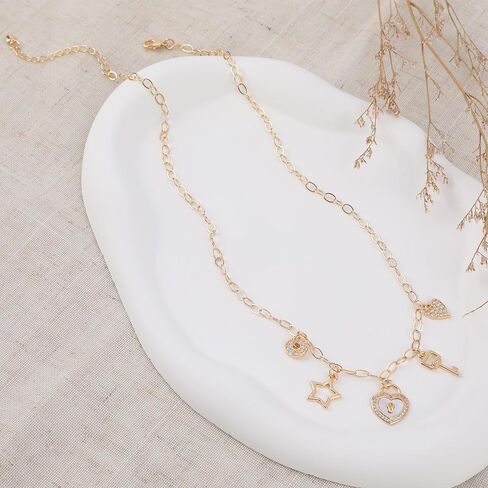 الذهب سحر قلادة للنساء مطلية بالذهب سلسلة قلادة قلادة مع لطيف تتدلى تشيكوسلوفاكيا الحب الحرارة قفل مفتاح نجمة البرسيم الصليب قلادة قابل للتعديل العصرية Y2K حزب المجوهرات هدية للمراهقين in Kuwait