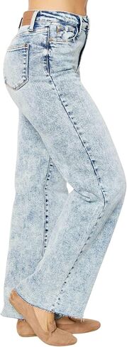 Judy Blue Women's High-Rise Mineral Wash Raw Hem Wide Leg Jeans in Saudi Arabia