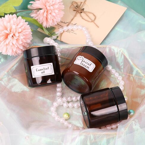 15 عبوة من برطمانات زجاجية كهرمانية بأغطية سعة 118 مل، حاويات فارغة مستديرة للمقشرات واللوشن ومستحضرات التجميل والمراهم والزبدة، وعاء تخزين للسفر مع بطانات داخلية بيضاء £¬أغطية سوداء وملصقات وملاعق in Kuwait