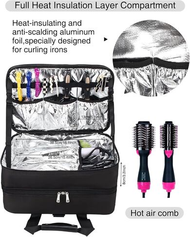 حقيبة تصفيف الشعر، حقيبة مكياج كبيرة لمصفف الشعر، حقيبة مكياج احترافية، صندوق منظم لتخزين أدوات الشعر، حقيبة حمل لحقيبة سفر الحلاق، طبقة ألومنيوم عازلة للحرارة لمعدات الشعر in Kuwait