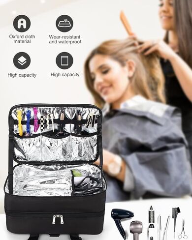 حقيبة تصفيف الشعر، حقيبة مكياج كبيرة لمصفف الشعر، حقيبة مكياج احترافية، صندوق منظم لتخزين أدوات الشعر، حقيبة حمل لحقيبة سفر الحلاق، طبقة ألومنيوم عازلة للحرارة لمعدات الشعر in Kuwait