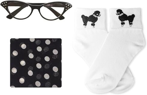 Hip Hop 50's Shop 1950s Girls 4 Piece Poodle Skirt Costume Outfit for Kids with Accessories (glasses, socks, scarf) in Kuwait