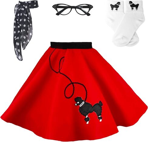 Hip Hop 50's Shop 1950s Girls 4 Piece Poodle Skirt Costume Outfit for Kids with Accessories (glasses, socks, scarf) in Kuwait