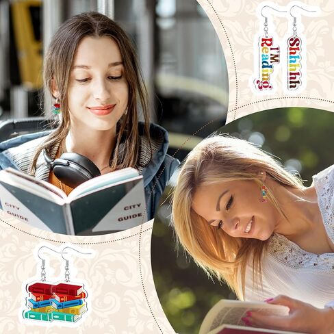 6 أزواج من أقراط الكتب على شكل قطة للنساء من الأكريليك أقراط المعلم مكتبة أقراط مضحكة لهدايا محبي الكتب in Kuwait