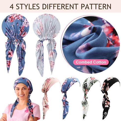 4 Pieces Chemo Headwear for Women Cancer Hats Pre Tied Chemo Caps Soft Cotton Elastic Head Scarf for Cancer Patients in Saudi Arabia