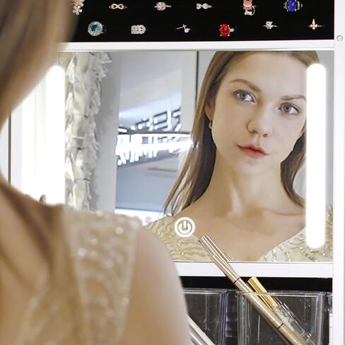 MASMIRE خزانة مجوهرات بمرآة كاملة الطول مع أضواء وباب قفل، منظم خزانة مجوهرات مثبت على الحائط مع سعة تخزين كبيرة خلف الباب خزانة مجوهرات مع أرفف بيضاء in Kuwait