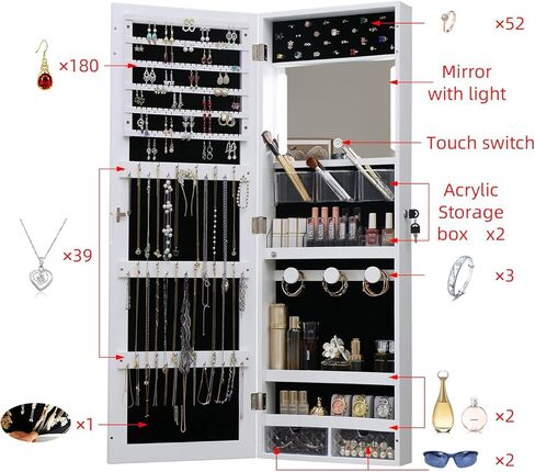 MASMIRE خزانة مجوهرات بمرآة كاملة الطول مع أضواء وباب قفل، منظم خزانة مجوهرات مثبت على الحائط مع سعة تخزين كبيرة خلف الباب خزانة مجوهرات مع أرفف بيضاء in Kuwait