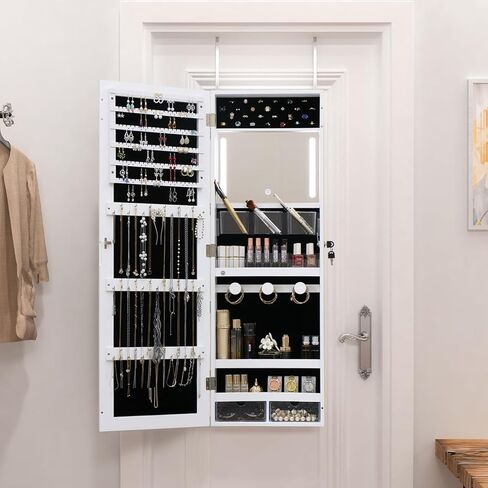 MASMIRE خزانة مجوهرات بمرآة كاملة الطول مع أضواء وباب قفل، منظم خزانة مجوهرات مثبت على الحائط مع سعة تخزين كبيرة خلف الباب خزانة مجوهرات مع أرفف بيضاء in Kuwait