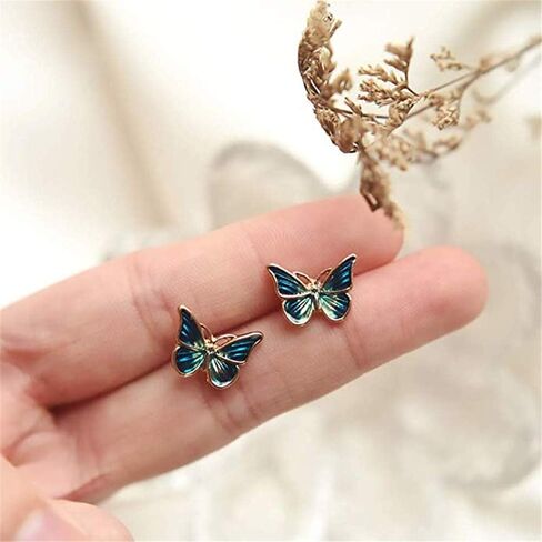 Hypoallergenic Enamel Blue Monarch Butterfly Stud Earrings Tiny Cute Crystal Insect Stud Earrings for Women in Kuwait