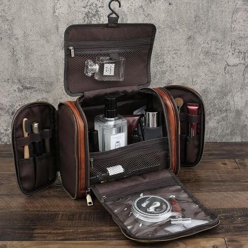 حقيبة أدوات الزينة AGDHERSNVX للرجال والنساء مع خطاف تعليق، مجموعة أدوات زينة للسفر مصنوعة يدويًا من الجلد المحبب بالكامل، حقيبة مستحضرات تجميل جلدية لأدوات الزينة، حقيبة حلاقة كبيرة، بني داكن in Saudi Arabia