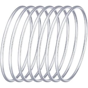 Castillna Plain Thin Round Bangle Bracelets for Women Christmas Birthday Gifts, Silver, Set of 7 Pieces